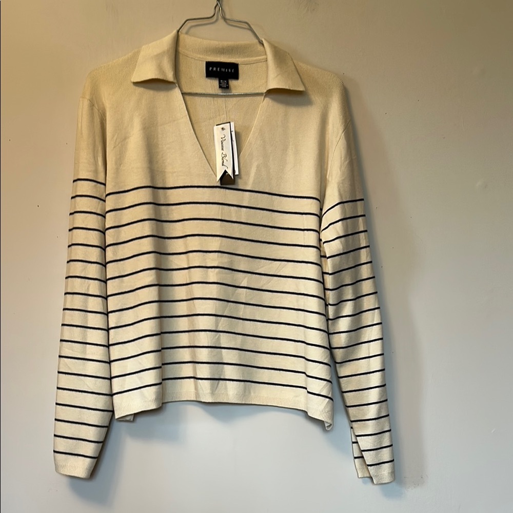Premise cream with black pinstripes viscose V-Neck sweater size medium new/tags